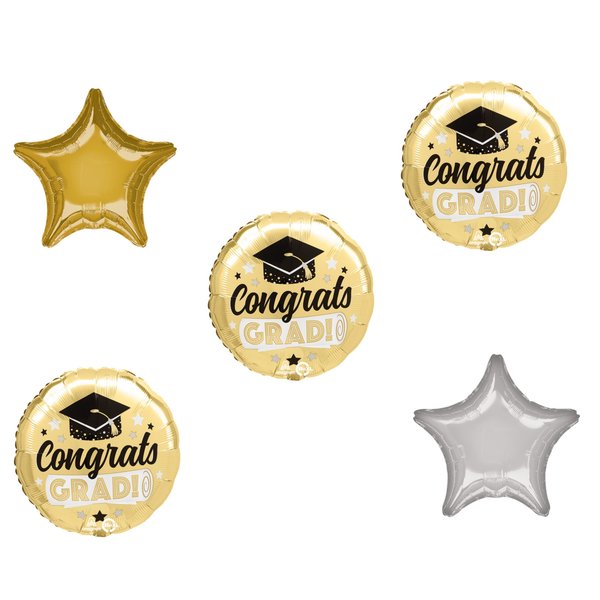 Loonballoon Graduation Grad Theme Balloon Set, 3x pcs Standard Congrats Grad Shiny Gold Balloon, Star Foil 87261